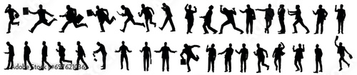 Silhouettes of Businessman character in different poses. Man standing  walking  jumping  pointing  with briefcase  front  back  side view. Vector black monochrome illustrations on white background.