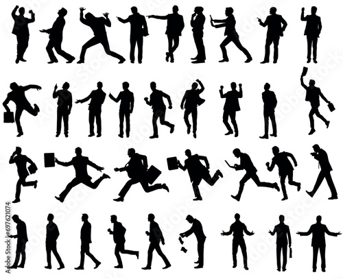 Silhouettes of Businessman character in different poses. Man standing, walking, jumping, pointing, with briefcase, front, back, side view. Vector black monochrome illustrations on white background.