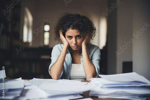 Deadline Dilemma: Image of a Stressed Young Woman at a Desk Overflowing with Documents photo