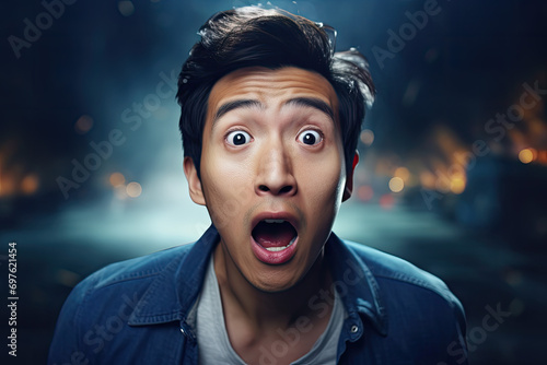 Surprised man looking at camera on night city background photo