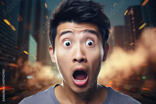 Surprised man looking at camera on night city background