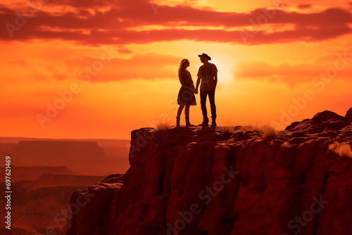 Embracing Silhouettes on a Rocky Cliff at Sunset