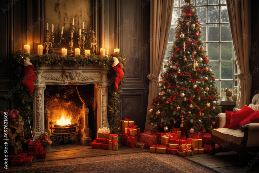 Christmas living room with a Christmas tree, gifts and a red sofa Christmas living room with a Christmas tree, gifts and a red sofa