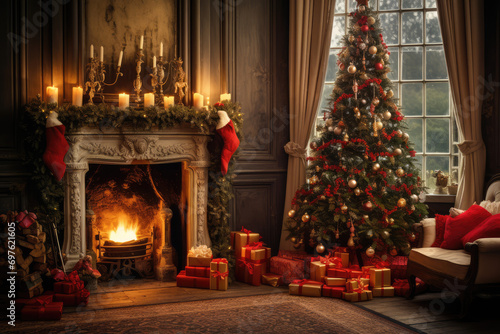 Christmas living room with a Christmas tree, gifts and a red sofa © Kitta