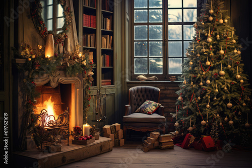 Christmas living room with a Christmas tree  gifts and a red sofa