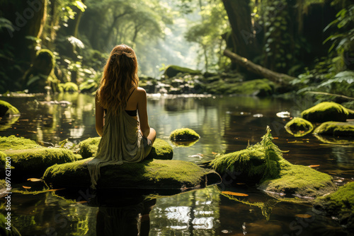 A woman meditates on a moss-covered rock amidst the serene beauty of a sunlit forest and tranquil river.