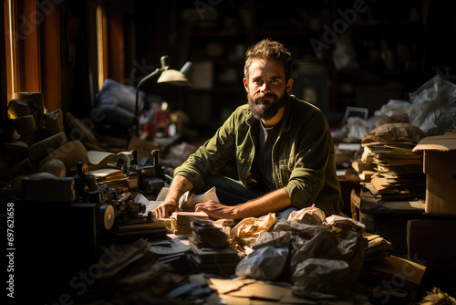 Portrait of a focused male writer surrounded by books and papers, working on a vintage typewriter in a cluttered, creative space.