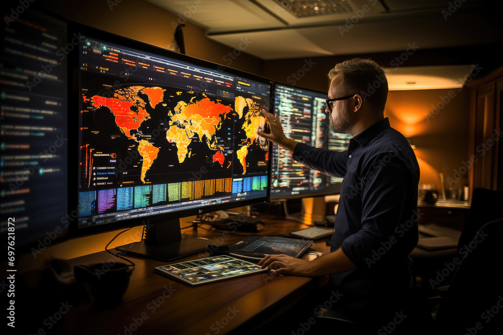 A professional analyzing global data on interactive screens in a high-tech network monitoring room. A professional analyzing global data on interactive screens in a high-tech network monitoring room.