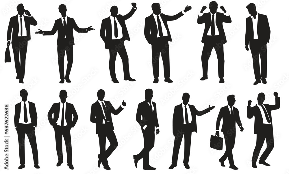 Silhouettes of Businessman character in different poses. Man standing, walking, jumping, pointing, with briefcase, front, back, side view. Vector black monochrome illustrations on white background. Silhouettes of Businessman character in different poses. Man standing, walking, jumping, pointing, with briefcase, front, back, side view. Vector black monochrome illustrations on white background.