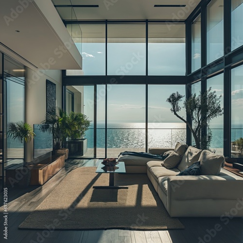 Elegant and modern living room featuring a comfortable sofa with a stunning ocean sunset view photo