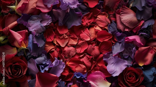 A beautiful array of assorted rose petals spread out to create a vibrant and textured background