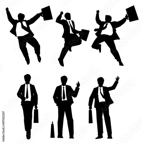 Silhouettes of Businessman character in different poses. Man standing, walking, jumping, pointing, with briefcase, front, back, side view. Vector black monochrome illustrations on white background.