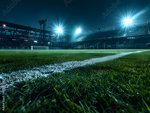 Empty Nighttime Soccer Stadium Illuminated by Floodlights, Vivid Green Field and Anticipation Concept - Evoking Excitement and Grandeur in Sports Imagery photo