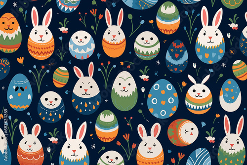 The cute Easter eggs and rabbit pattern on a background is ideal for gift wrapping paper, poster,backgrounds, and other high-quality prints.