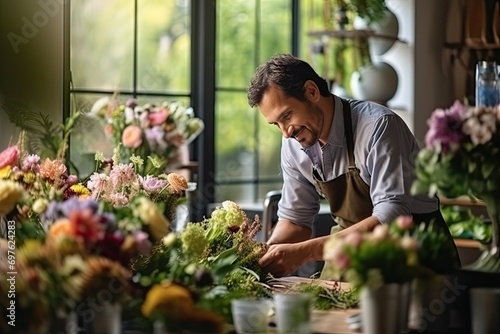 Male Florist in Flower Shop, Floral Design Studio, Man Making Bouquet, Generative AI Illustration photo