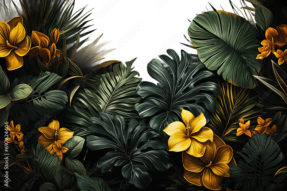 Green tropical forest background monstera leaves, palm leaves, branches. isolated on PNG Background. Generative Ai.