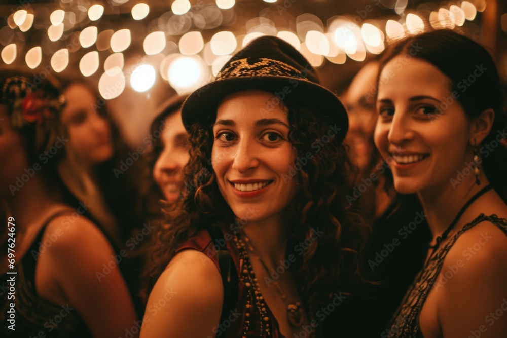 This image portrays a moment of pure joy, with a group dressed in festive Purim costumes posing gleefully, while the background swirls with the vibrant blur of festival activities