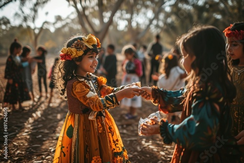 Children in vibrant Purim costumes exchanging mishloach manot in a sunlit park, their joyful festival spirit shining through their smiles photo