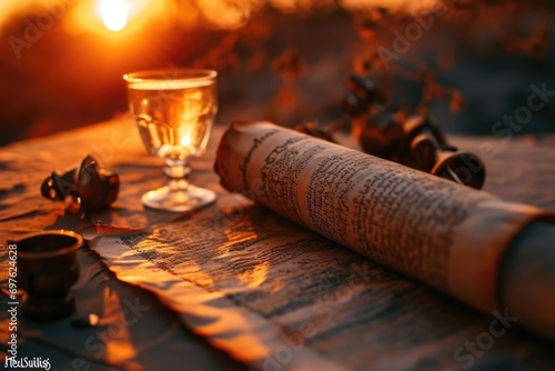 A serene moment is captured as an open Megillah scroll is paired with a wine glass and Purim noisemakers, while the setting sun bestows a warm, sacred radiance upon the scene photo