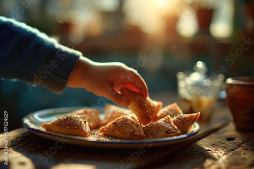 a serene morning scene, where a child's hand reaches for a Hamantaschen on a plate, with the morning light casting a gentle glow, fostering a sense of tranquility