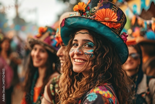 spirit of Purim as a joyful group, donned in festive attire, poses with exuberance, while the background blurs with the hustle and bustle of festival activities