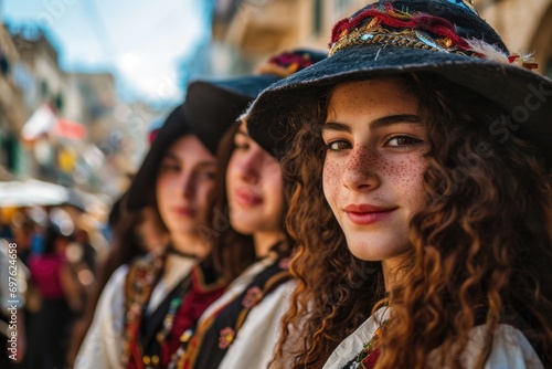An exuberant group, dressed in vibrant Purim costumes, poses with joyous expressions against a background filled with the blur of festival activities, capturing the essence of celebration