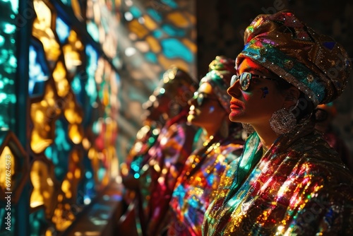 a synagogue congregation adorned in vibrant costumes, with stained glass windows creating a kaleidoscope of light during the Purim service