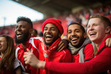 Enthusiastic football fans passionately scream and cheer, their faces filled with excitement and fervor during the intense moments of the match