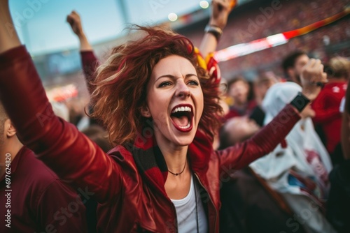 A spirited female fan, short-haired, exudes pure joy and excitement, energetically cheering with a fan in hand at the stadium during a riveting match © Konstiantyn Zapylaie
