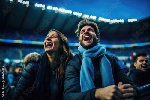 A couple, both fervent football fans, caught in the excitement on the field during a match, expressing pure joy and enthusiastic encouragement