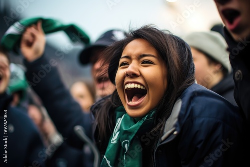 Energetic woman fan, short hair flowing, displays infectious joy and excitement, passionately cheering and waving a fan during the electrifying match at the stadium