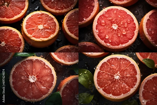 Red Grapefruit Texture Background, Citrus Cut, Red Tropical Fruit, Ripe Juicy Sliced Grapefruit Top View