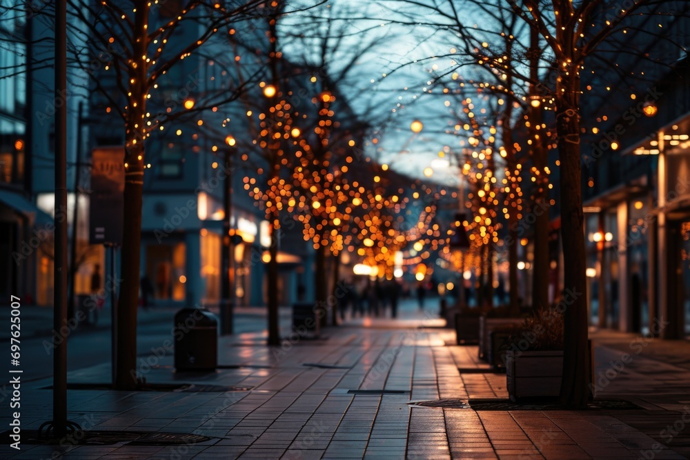 Snow-covered sidewalk lined with trees and lamp posts adorned with twinkling holiday lights, creating a warm, festive atmosphere in the city.