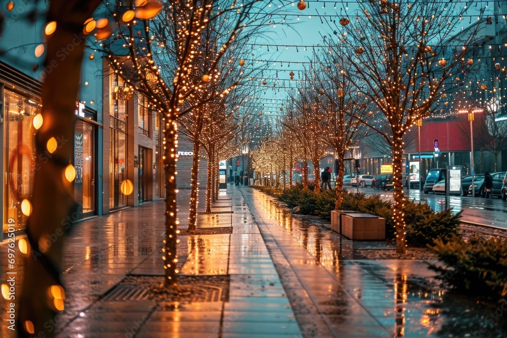 Glowing Christmas lights dressing up a snowy downtown promenade.