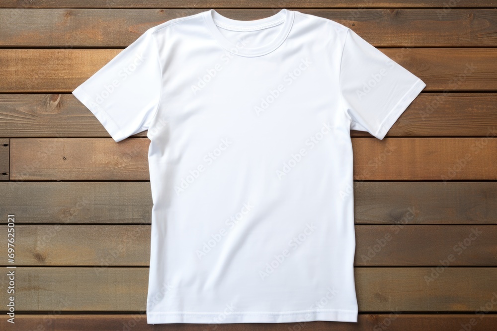Merge rustic charm with chic fashion in this photo mockup, highlighting a white t-shirt against a weathered wooden surface - obrazy, fototapety, plakaty 