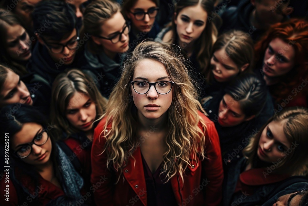 A woman standing amidst a crowd, symbolizing the concept of cancel culture and the act of singling someone out from society A woman standing amidst a crowd, symbolizing the concept of cancel culture and the act of singling someone out from society