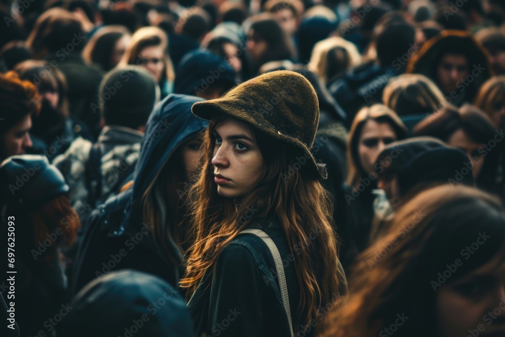 Image of a woman amidst a throng, illustrating the cancel culture concept of exclusion from the community - obrazy, fototapety, plakaty 