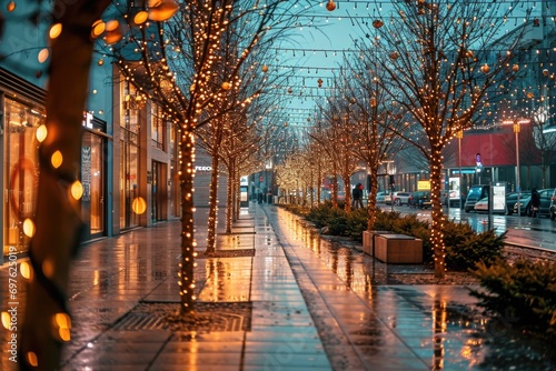 Glowing Christmas lights dressing up a snowy downtown promenade. © Konstiantyn Zapylaie