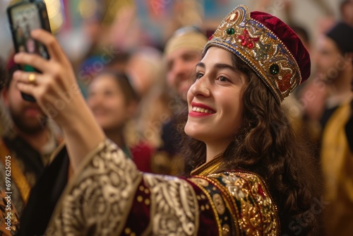 Purim Selfie: A joyful woman captures a selfie moment during Purim celebrations