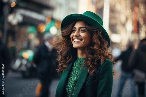 Strolling down the city street, a cheerful woman exudes festive charm in leprechaun clothes and a hat for St. Patrick's Day, adding a touch of celebration and vibrancy to the urban scene