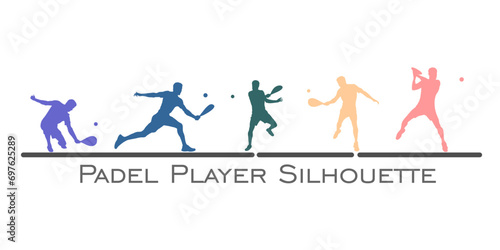 set vector colorful Padel tennis player silhouette isolated background