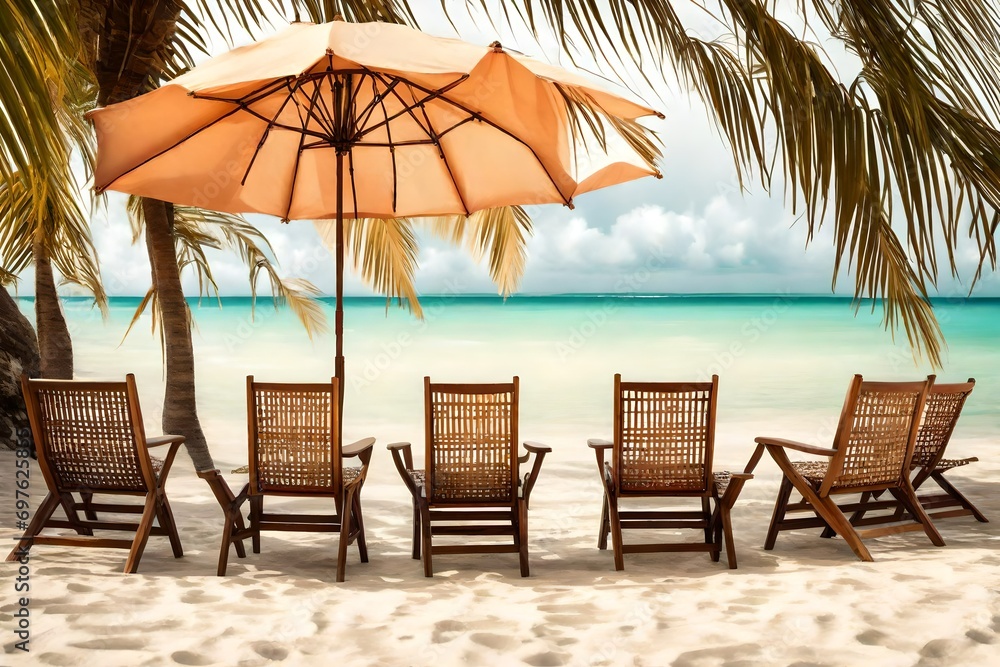 Empty beach chair with striped towel on beach
