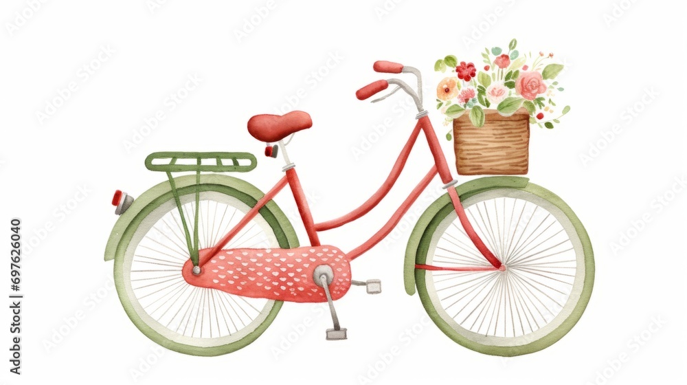 Cute bicycle with flowers watercolor illustration in minimal style. Funny transport Transport in the style of a children's drawing