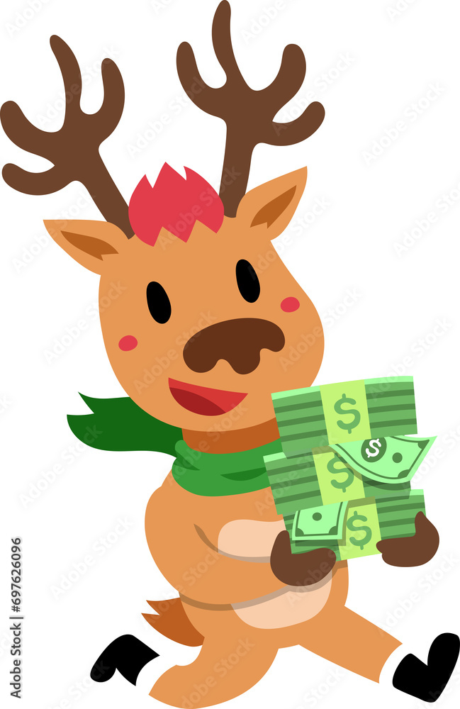 Fototapeta premium Cartoon happy christmas reindeer with money for design.