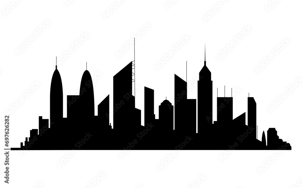 Black cities silhouette collection. Horizontal skyline set in flat style isolated on white. Cityscape, urban panorama of night town.