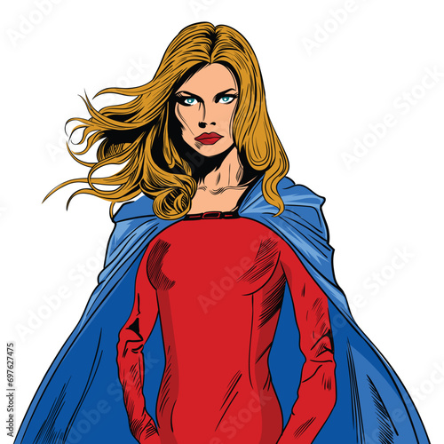 Pop art superhero girl. Young sexy woman dressed in red cape shows superhero. Vector illustration in retro pop art comic style