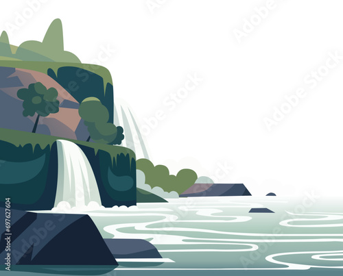 Cartoon Waterfall Landscape Background Card Poster Flat Design Nature Scene Adventure Travel. illustration