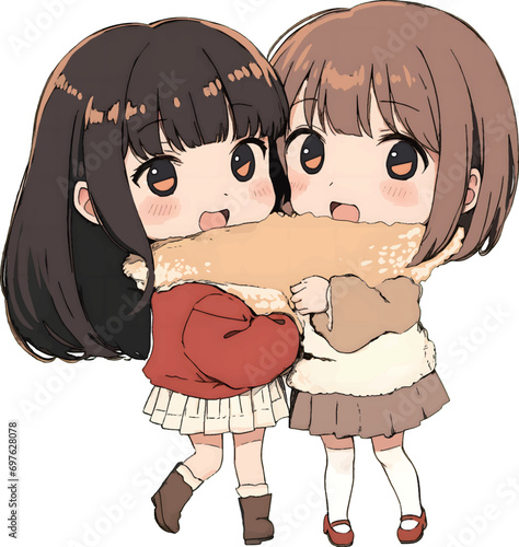 マフラーをシェアする少女達