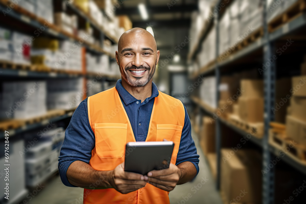 Fototapeta premium Warehouse Manager at Work, Happy Male Factory Manager Using Digital Tablet, Generative AI Illustration