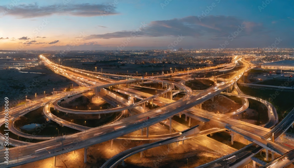 An aerial view of a multilevel highway junction interchange, soft focus. Generated with AI